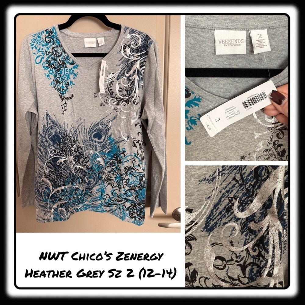 NWT Chico’s Heather Grey / Silver lightweight tee. Sz 2 (12-14).